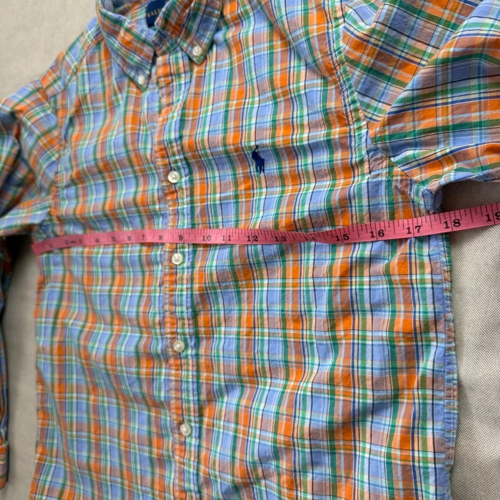 Ralph Lauren Boys Orange Blue Plaid Button Down Shirt Size L 14-16 Long Sleeve